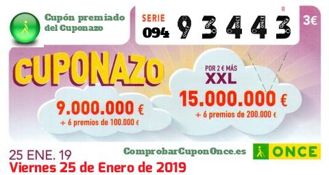 Cuponazo ONCE premiado el Viernes 25/1/2019