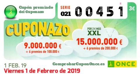 Cuponazo ONCE premiado el Viernes 1/2/2019