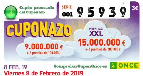 Cuponazo ONCE premiado el Viernes 8/2/2019
