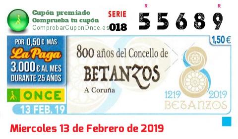 Cupón ONCE premiado el Miercoles 13/2/2019