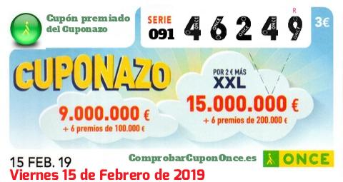 Cuponazo ONCE premiado el Viernes 15/2/2019