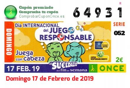 Sueldazo ONCE premiado el Domingo 17/2/2019