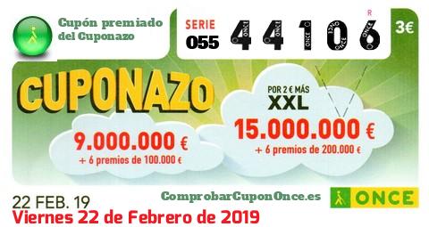 Cuponazo ONCE premiado el Viernes 22/2/2019
