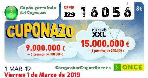 Cuponazo ONCE premiado el Viernes 1/3/2019