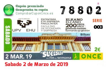 Sueldazo ONCE premiado el Sabado 2/3/2019