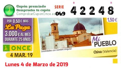 Cupón ONCE premiado el Lunes 4/3/2019