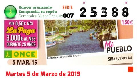 Cupón ONCE premiado el Martes 5/3/2019