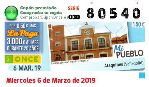 Cupón ONCE premiado el Miercoles 6/3/2019