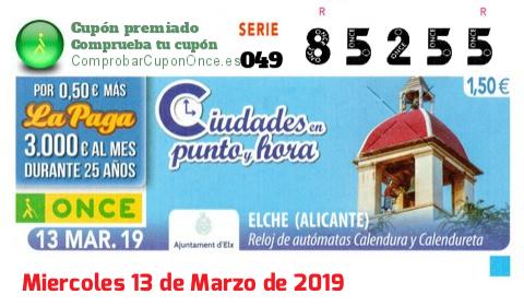 Cupón ONCE premiado el Miercoles 13/3/2019