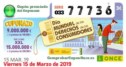 Cuponazo ONCE premiado el Viernes 15/3/2019