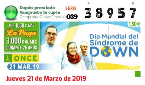 Cupón ONCE premiado el Jueves 21/3/2019