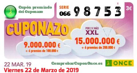 Cuponazo ONCE premiado el Viernes 22/3/2019