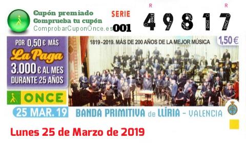 Cupón ONCE premiado el Lunes 25/3/2019