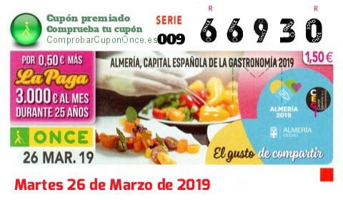 Cupón ONCE premiado el Martes 26/3/2019