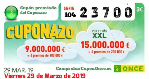 Cuponazo ONCE premiado el Viernes 29/3/2019