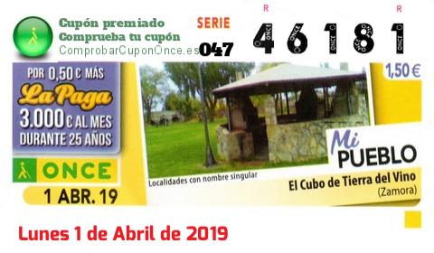 Cupón ONCE premiado el Lunes 1/4/2019