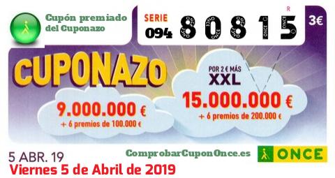 Cuponazo ONCE premiado el Viernes 5/4/2019