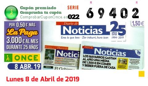 Cupón ONCE premiado el Lunes 8/4/2019