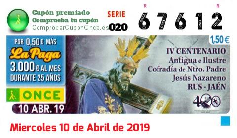 Cupón ONCE premiado el Miercoles 10/4/2019