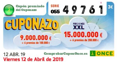 Cuponazo ONCE premiado el Viernes 12/4/2019