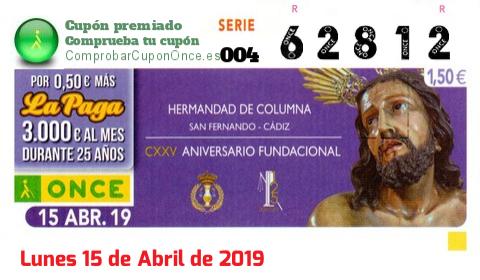 Cupón ONCE premiado el Lunes 15/4/2019