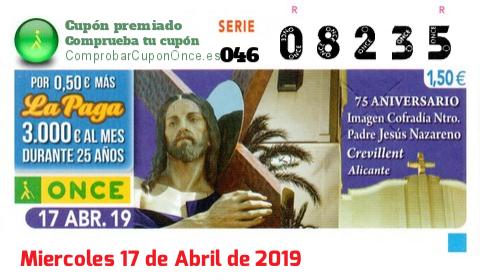 Cupón ONCE premiado el Miercoles 17/4/2019