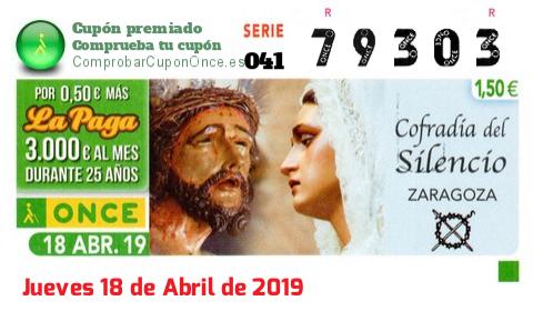 Cupón ONCE premiado el Jueves 18/4/2019