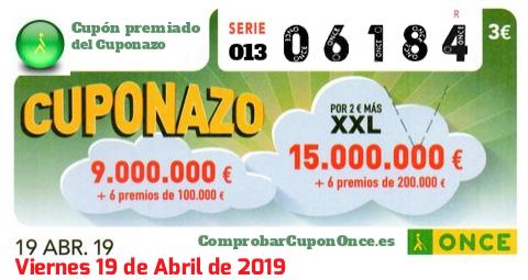 Cuponazo ONCE premiado el Viernes 19/4/2019