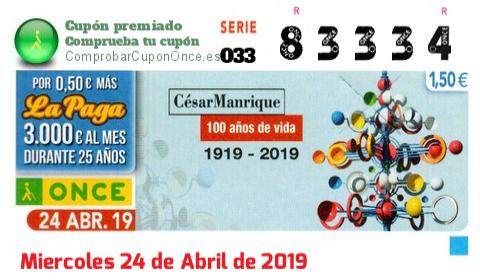 Cupón ONCE premiado el Miercoles 24/4/2019