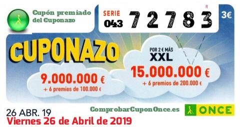 Cuponazo ONCE premiado el Viernes 26/4/2019