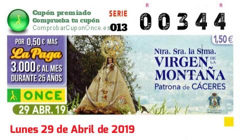 Cupón ONCE premiado el Lunes 29/4/2019