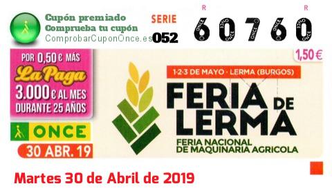 Cupón ONCE premiado el Martes 30/4/2019