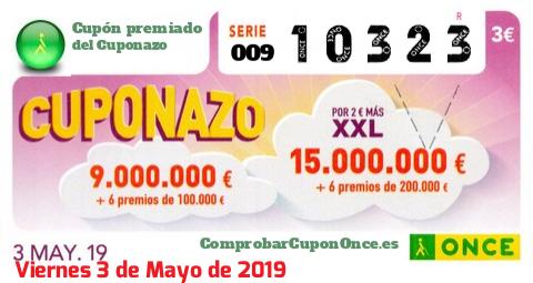 Cuponazo ONCE premiado el Viernes 3/5/2019