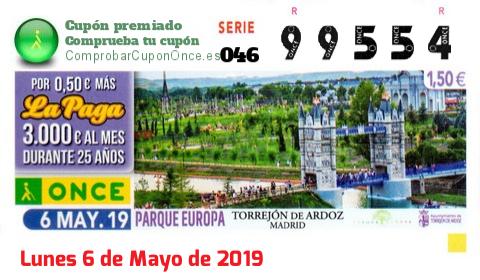 Cupón ONCE premiado el Lunes 6/5/2019