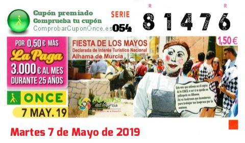 Cupón ONCE premiado el Martes 7/5/2019