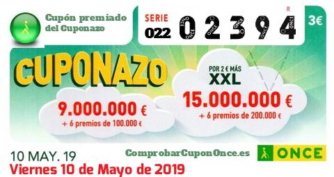 Cuponazo ONCE premiado el Viernes 10/5/2019