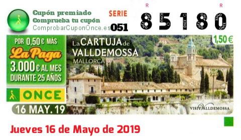 Cupón ONCE premiado el Jueves 16/5/2019