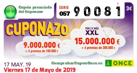 Cuponazo ONCE premiado el Viernes 17/5/2019