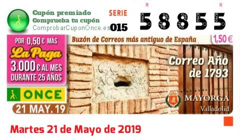 Cupón ONCE premiado el Martes 21/5/2019