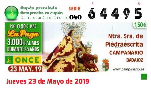 Cupón ONCE premiado el Jueves 23/5/2019