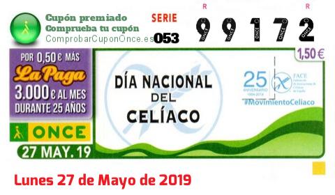 Cupón ONCE premiado el Lunes 27/5/2019