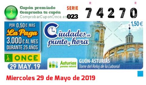 Cupón ONCE premiado el Miercoles 29/5/2019