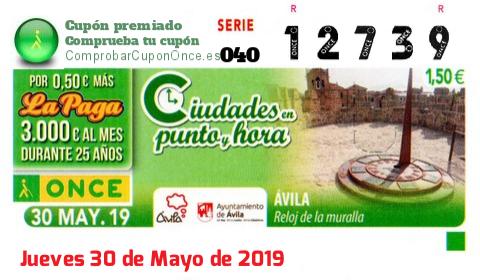 Cupón ONCE premiado el Jueves 30/5/2019