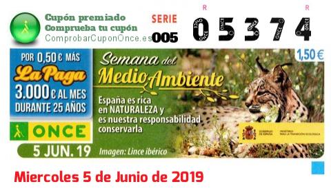 Cupón ONCE premiado el Miercoles 5/6/2019