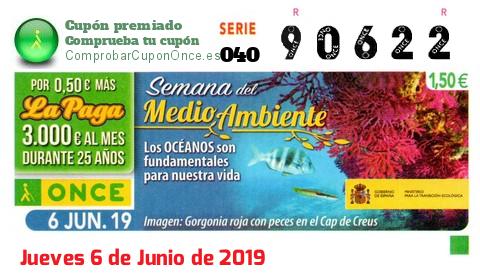 Cupón ONCE premiado el Jueves 6/6/2019