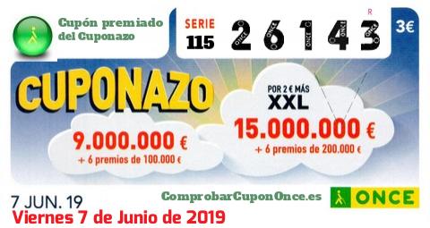 Cuponazo ONCE premiado el Viernes 7/6/2019