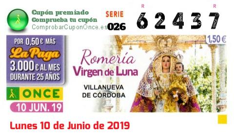 Cupón ONCE premiado el Lunes 10/6/2019