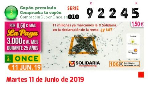 Cupón ONCE premiado el Martes 11/6/2019