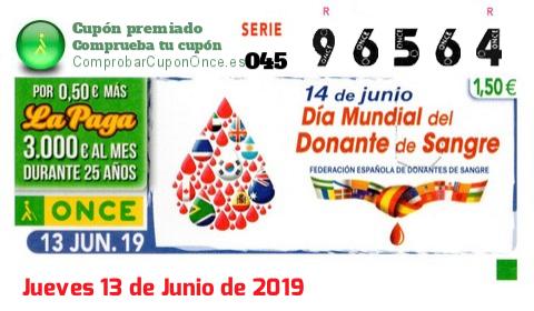 Cupón ONCE premiado el Jueves 13/6/2019