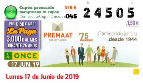 Cupón ONCE premiado el Lunes 17/6/2019